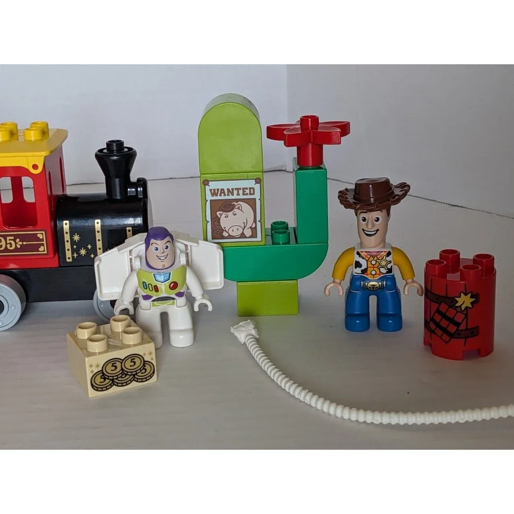 Lego Red Green Yellow Train Set with Buzz Lightyear and Woody Figures
